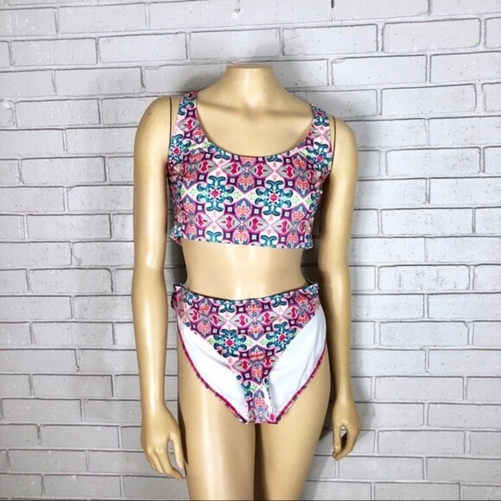 ASOS Pink Teal Geometric Tile‎ Print Crop Top Bikini Set Swimsuit Womens Size 12
